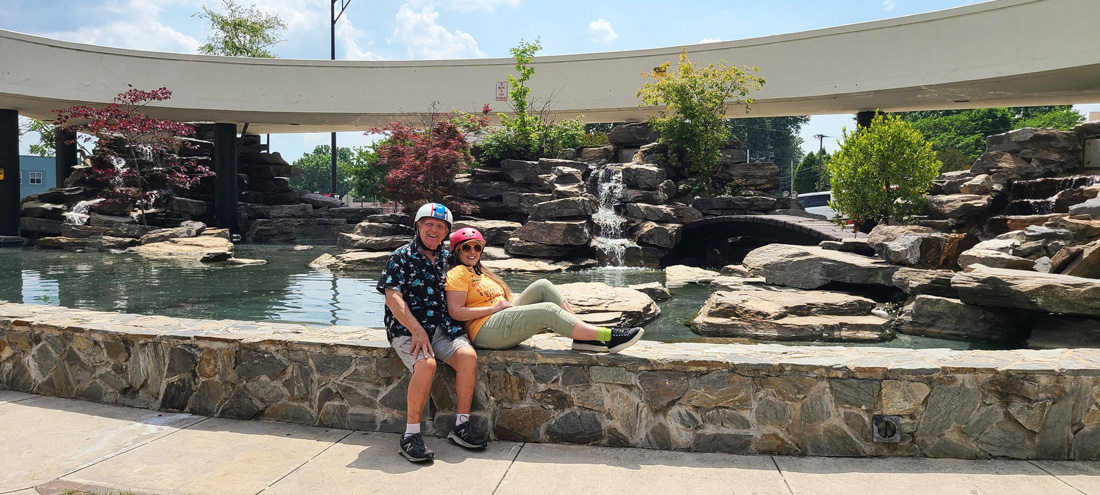 The two RV Gypsies reast at a water fountain