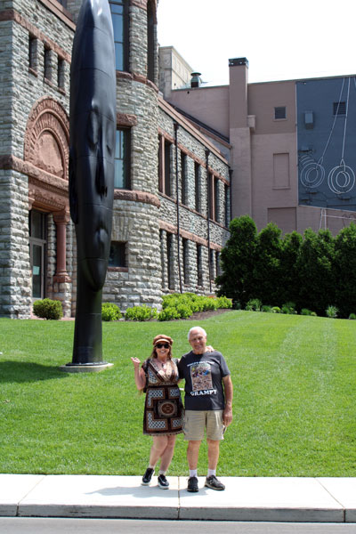 The two RV Gypsies and the giant head outside the Cincinnati Art Museum