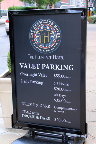 Hermitage Hotel Valet Parking costs