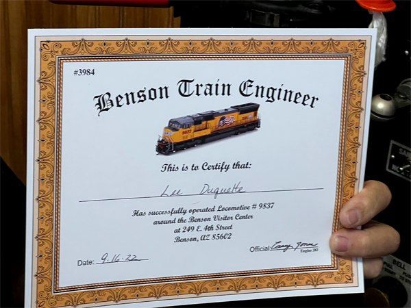 Lee Duquette and his Benson Train Engineer certificate