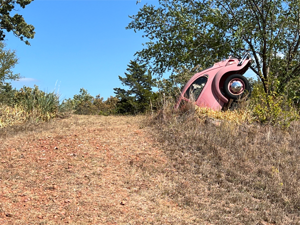 pink car heading downwards