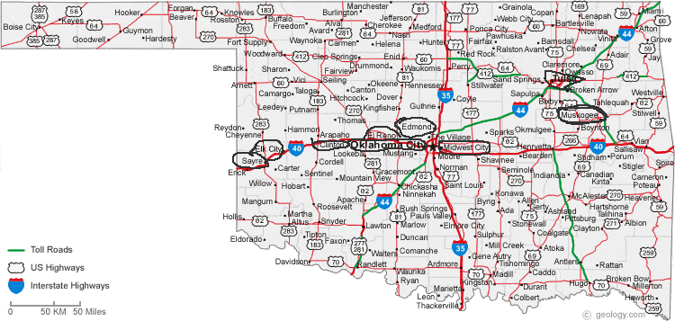 Oklahoma map with cities circled
