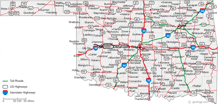 Oklahoma map shing location of Clinto, OK