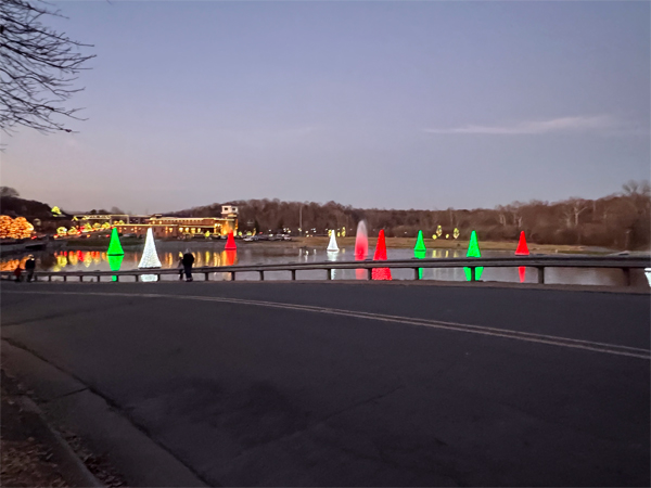 Brightly colored Christmas lights on floating trees