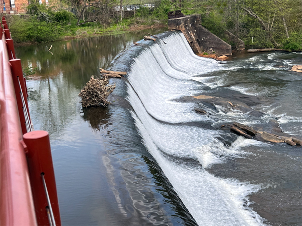 the waterfall as seen from the bridge at Glenadal Shoals