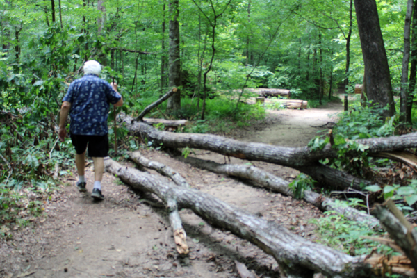 Lee Duquette maneuvering over the fallen tree