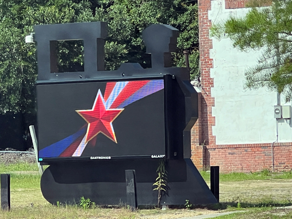 A train shaped billboard