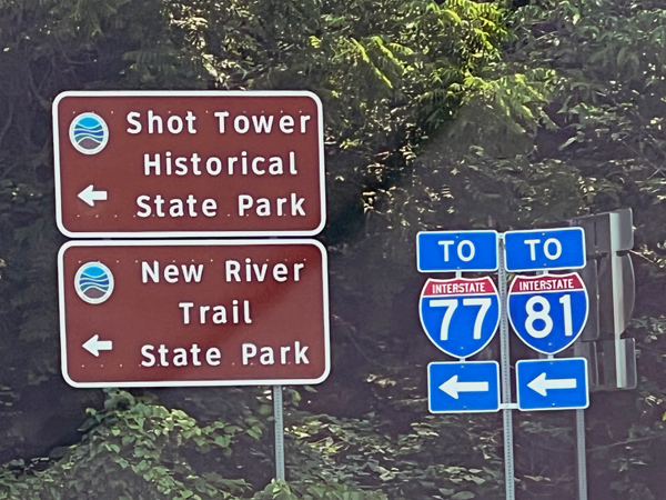 Shot Tower and New River Trail State Park signs