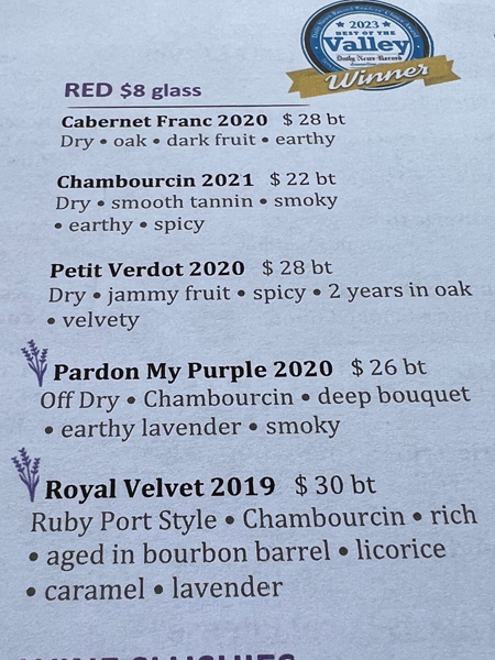 Wine descriptions and prices offered