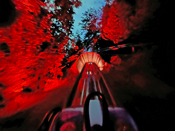 Going through the tunnel on the roller coaster