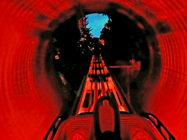 Going through the tunnel on the roller coaster