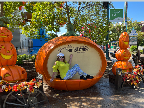 Karen Duquette relaxing in The Island pumpkin chair