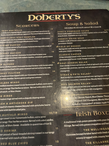 Doherty's Irish Pub menu