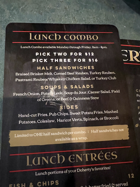Doherty's Irish Pub menu