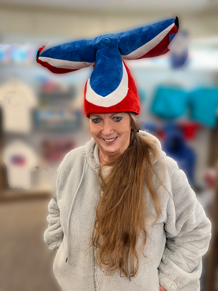 Karen Duquette in a ships tail hat