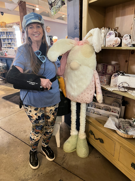 Karen Duquette and a rabbit with no eyes.