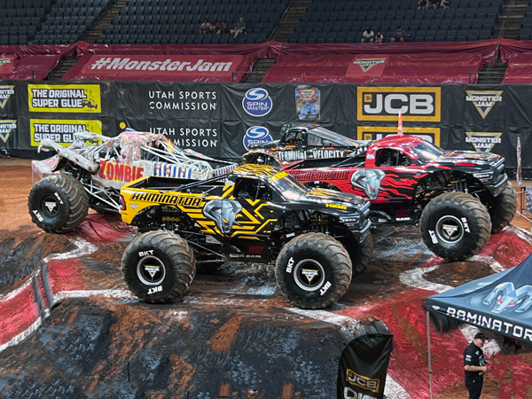 four Monster Trucks on the mound