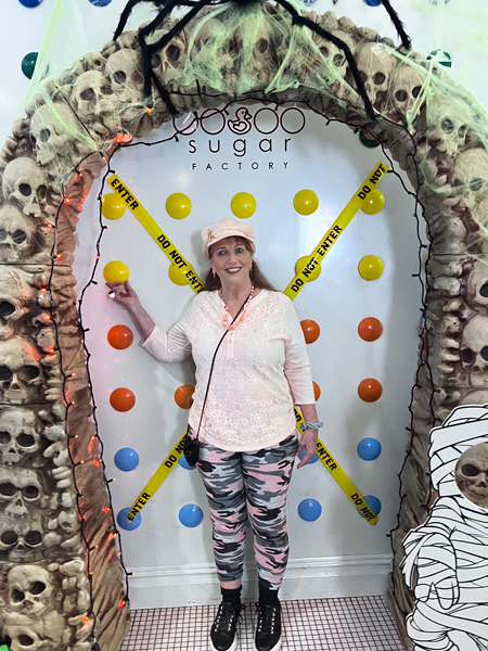 Karen Duquette at the alloween sugar Factory
