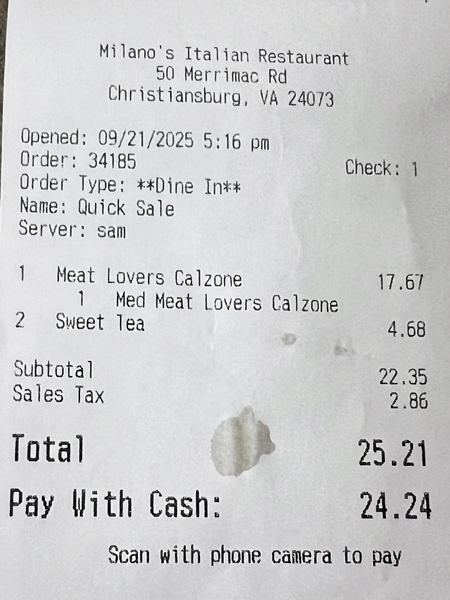 Milano's Italian Restaurant bill