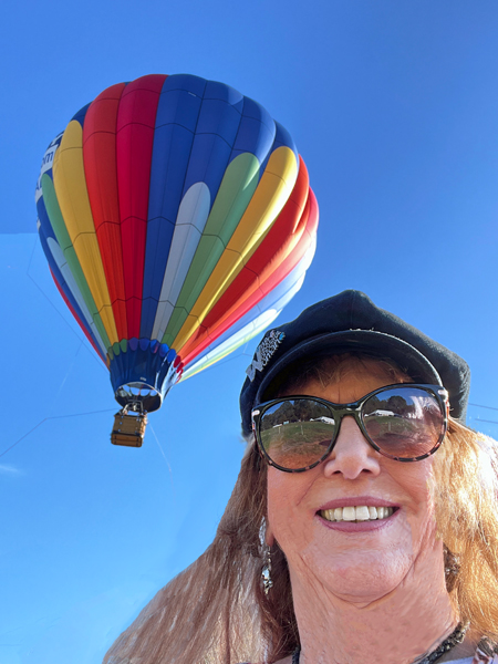 Karen Duquette and a tethered hot air balloon