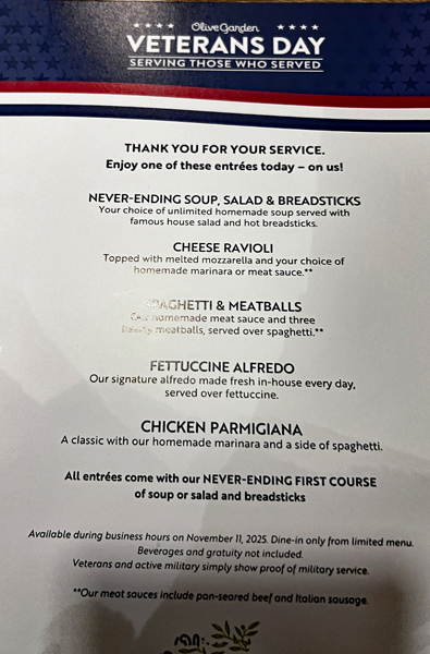 Veterans Day menue