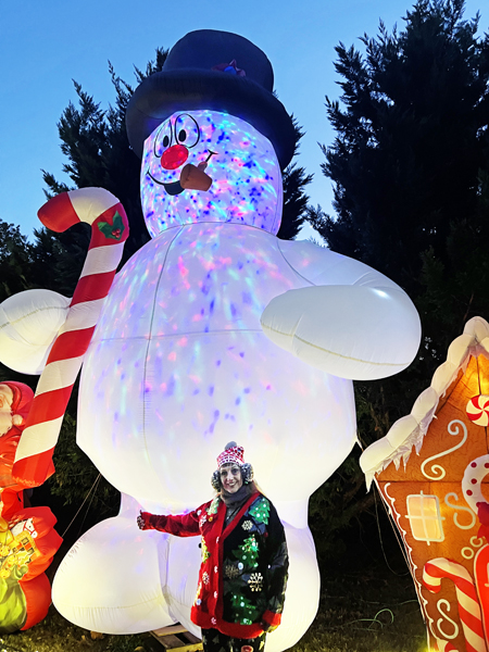 Karen Duquette and a giant snowman