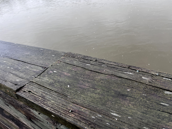 Snowflakes falling on the wooden ledge