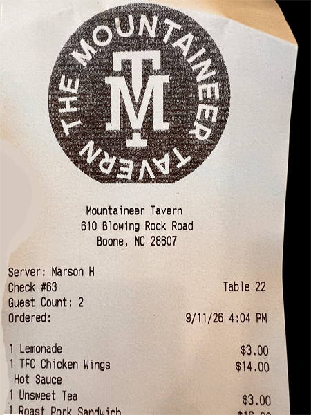 Mountainer Tavern bill