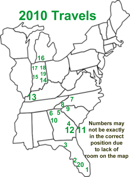 2010 travel map for the two RV Gypsies