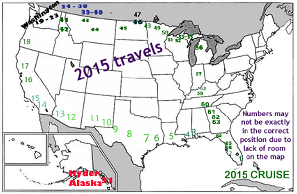 2015 travel map for the two RV Gypsies