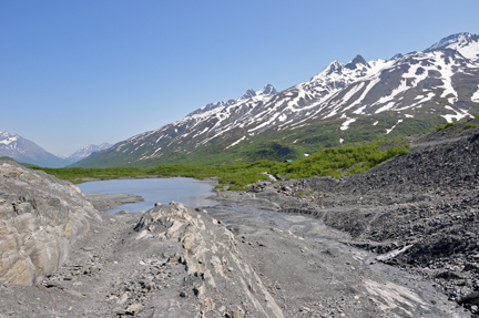 looking back at the lake from up beside the glacier