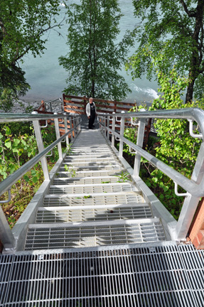 Lee Duquette on very steep stairs