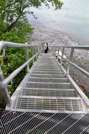 Lee Duquette on very steep stairs