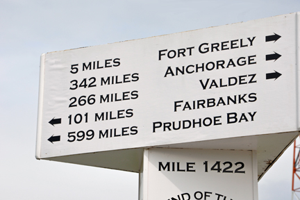 large white milepost for Mile 1422 of the Alaska Highway