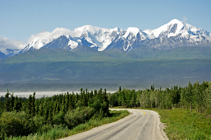 various mountains in the Alaska Range & curvy road