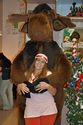 Karen Duquette and a giant stuffed moose