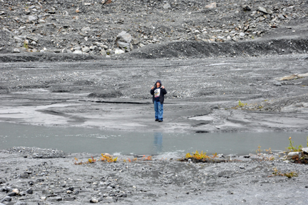 crossing the river on Worthington Glacier in Alaska