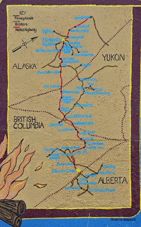 mural - scenes of the construction of the Alaska highway
