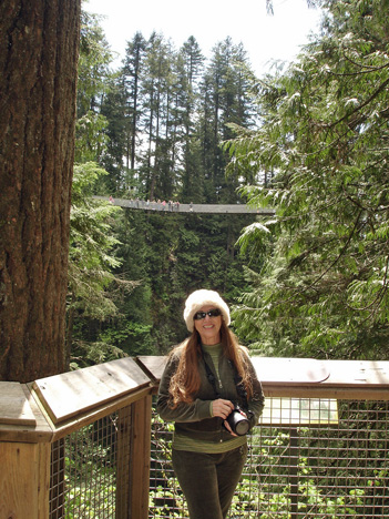 Karen Duquette and a view of the Capilano Bridge from Cliff Hanger area 
