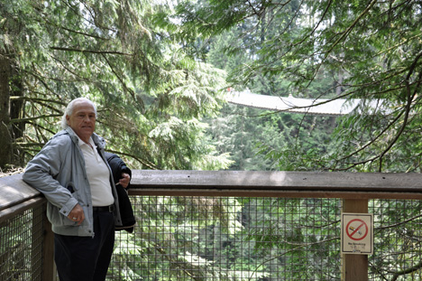 Lee Duquette and a view of the Capilano Bridge from Cliff Hanger area 