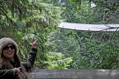 Karen Duquette and a view of the Capilano Bridge from Cliff Hanger area 