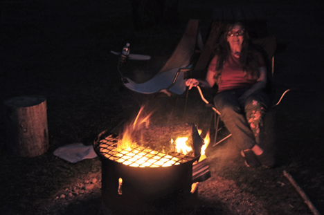 Karen Duquette and a campfire around 11 pm