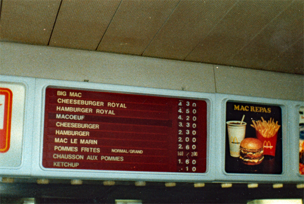 menu for McDonalds in Lausanne