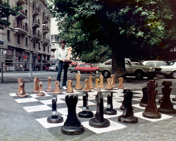 Brian Duquette and a giant chess set in Ouchy