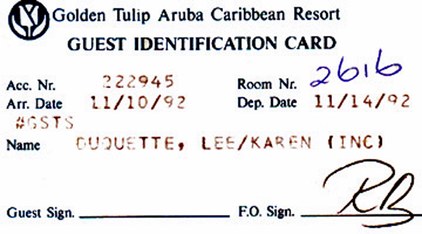 Golden Tulip Aruba Caribbean REsort guest ID card