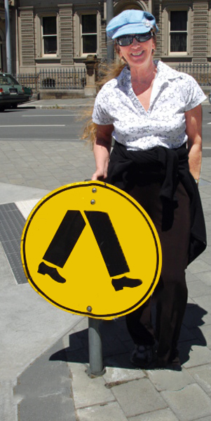 Karen Duquette at a crossing sign