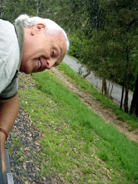 Lee Duquette sticking his head out of Puffing Billy Train
