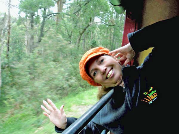 Karen  Duquette sticking her head out of Puffing Billy Trai
