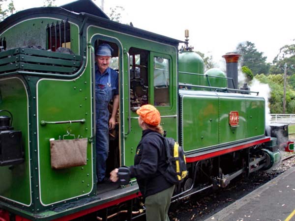 Karen Duquette talking to the train conductor