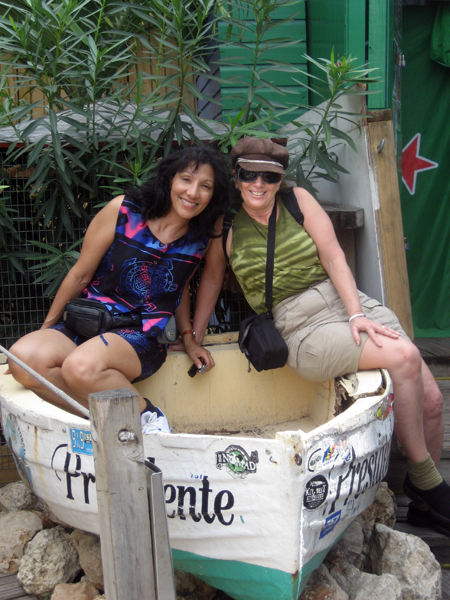 Amy and Karen in a weird little canoe